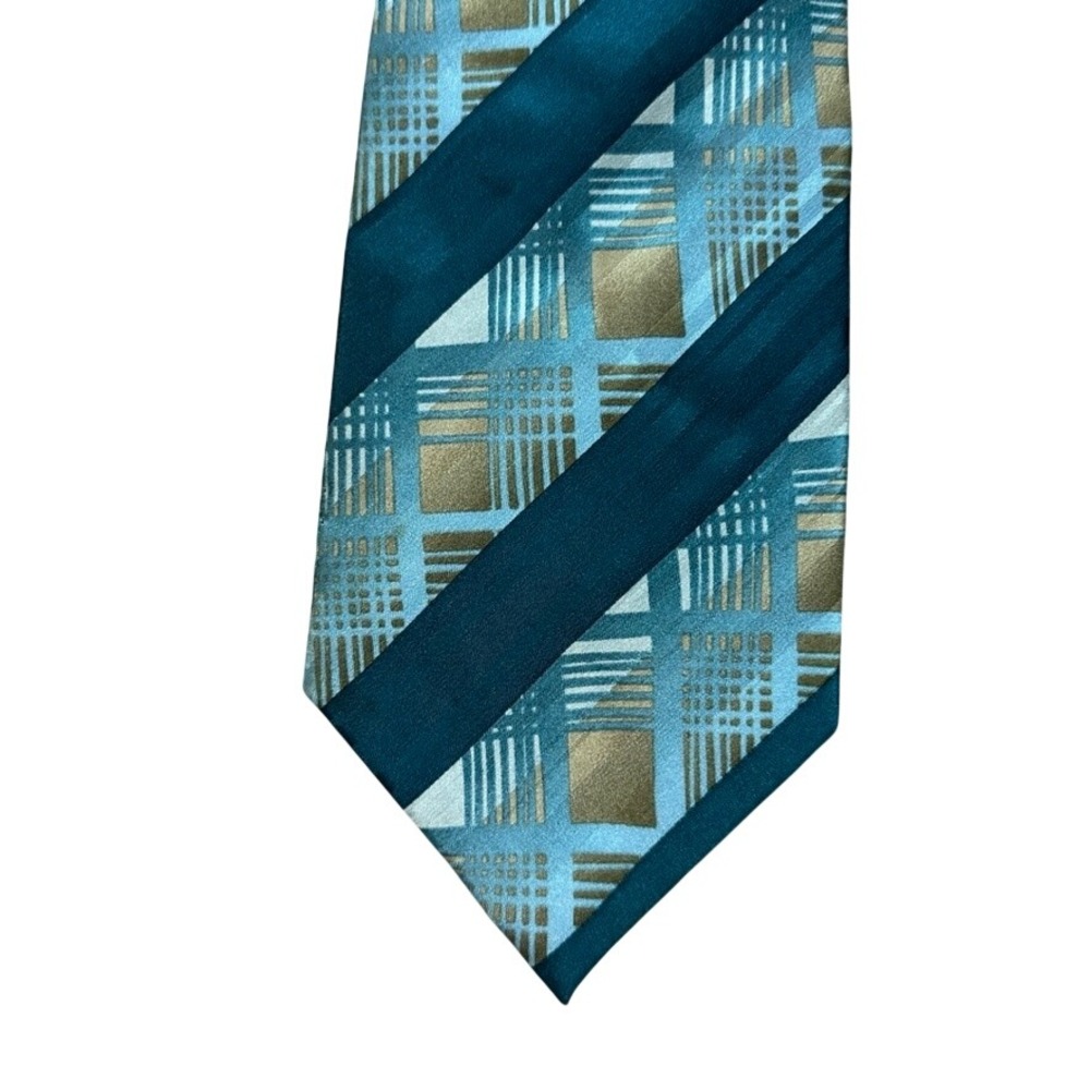 Unlisted Kenneth Cole Mens Silk Tie Teal Blue Gold Geometric Plaid Striped 59in